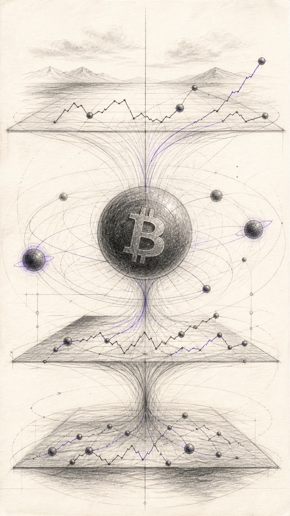 Карандашная иллюстрация контекста Bitcoin на разных таймфреймах
